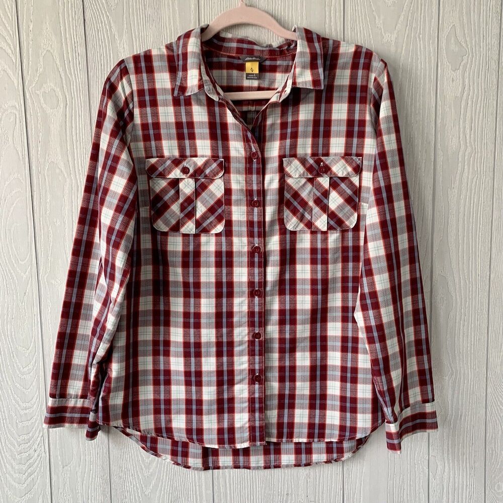 Eddie Bauer Womens Burgandy Plaid Button Down Shirt Size Large